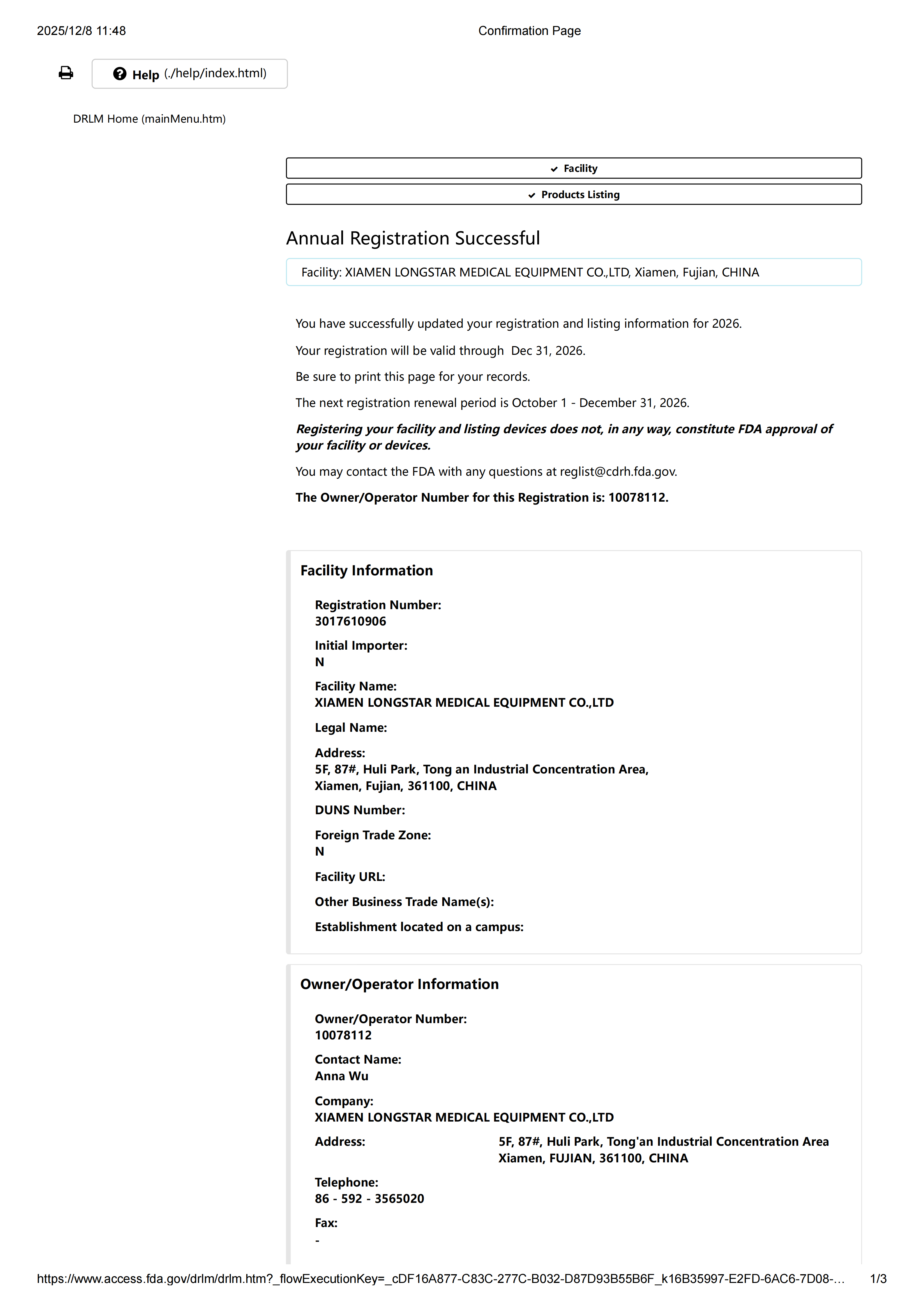 FDA registration certificate
